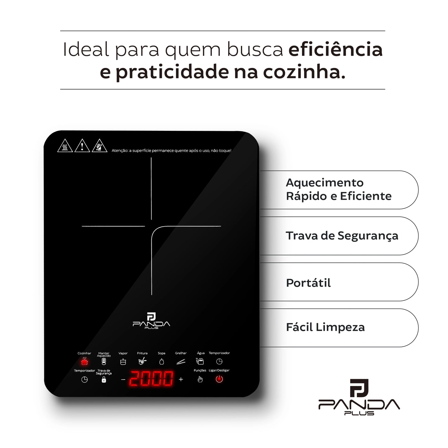 Cooktop Induction 1 Mouth Portable PandaPlus 2000W 220V Touch 8 Levels Power Temperature Safety Lock Glass Timer