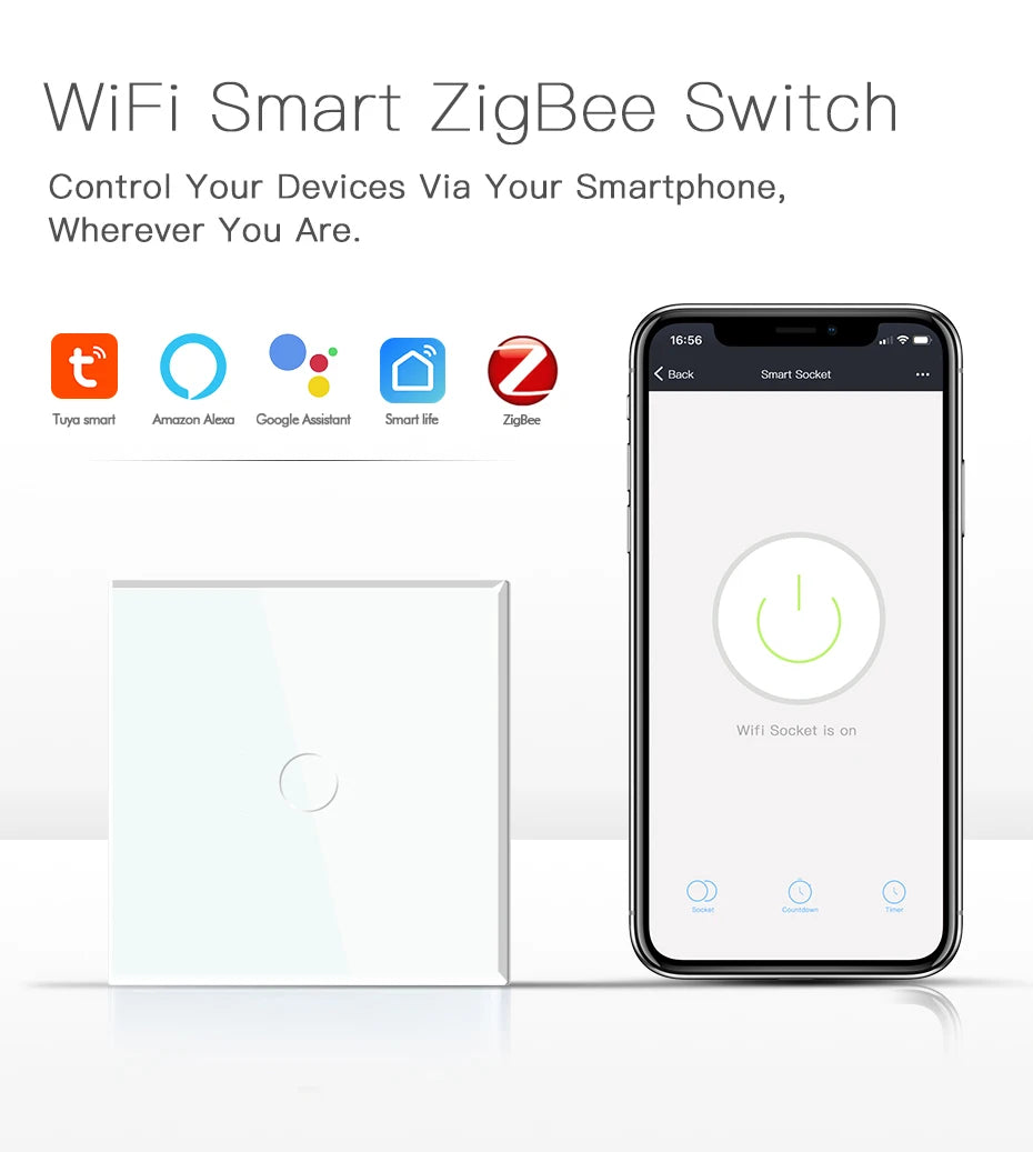 BSEED Zigbee 1/2/3Gang Touch Light Switches 1/2/3Way Tuya Smart Life Alice App Control Plus Normal EU Sockets Neutral Required