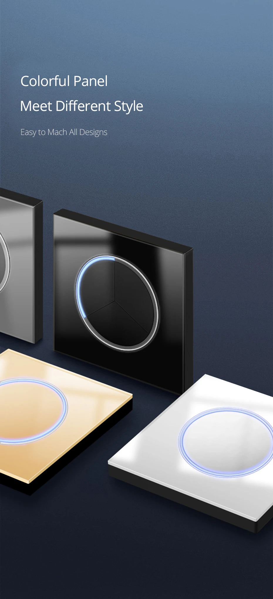 Wallpad Black Glass Panel With Large Circle Blue LED Indicator Wall Light Switch and Socket Round Button Electric Outlet