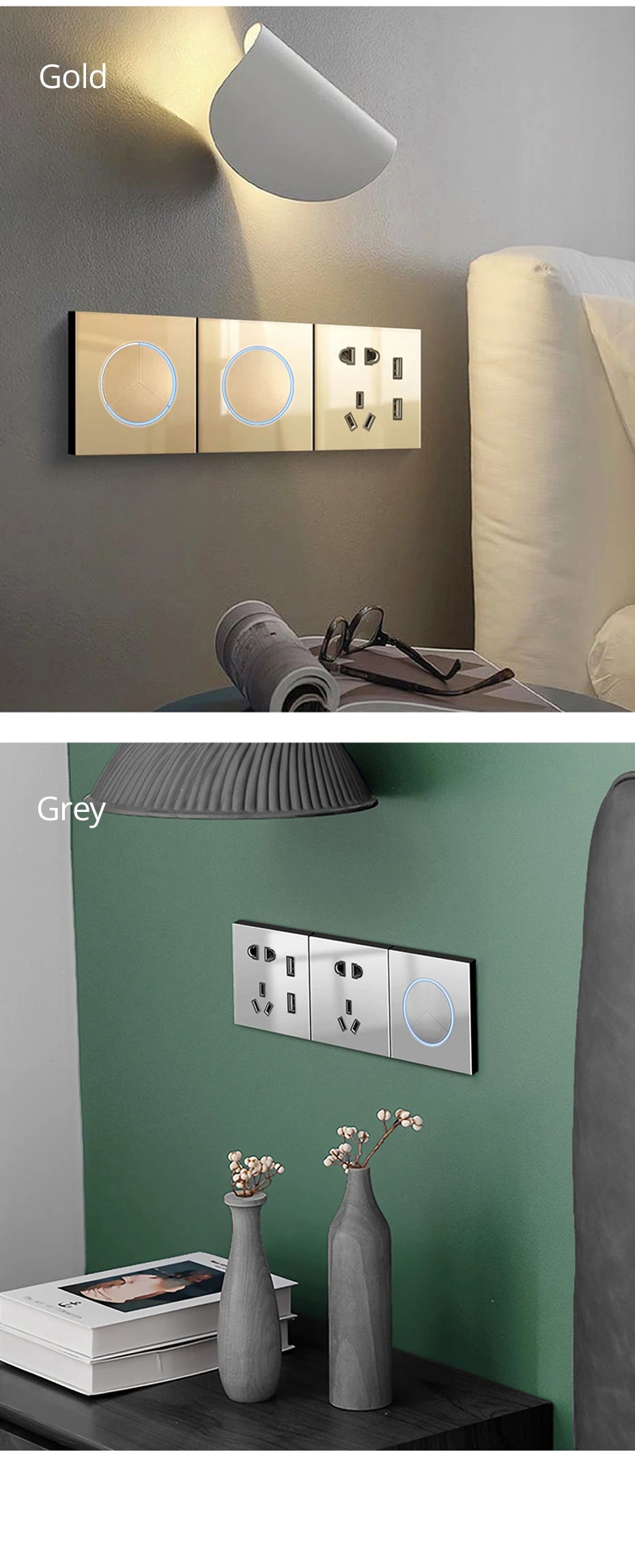 Wallpad Black Glass Panel With Large Circle Blue LED Indicator Wall Light Switch and Socket Round Button Electric Outlet