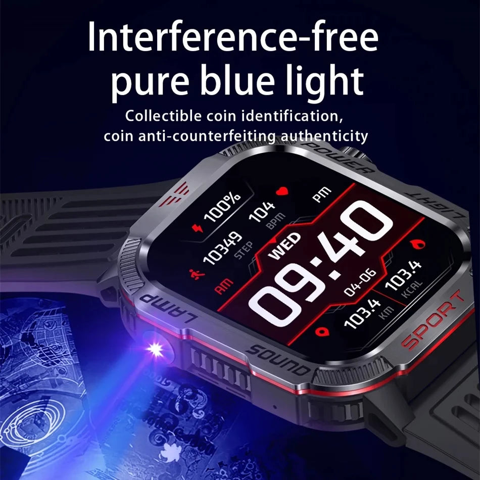 New Military Sports Smartwatch Men Flashlight Compass Altitude Pressure Fitness Waterproof Bluetooth Talk Check Bill Smartwatch