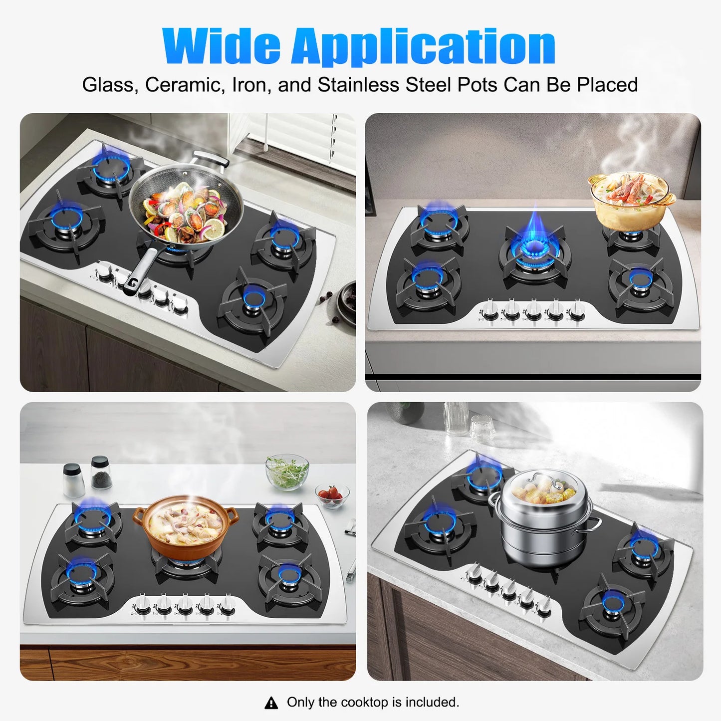 35.4*20.1*2.4 Inch Kitchen Built-in Countertop Gas Cooktop with 5 Burners Tempered Glass Panel Easy to Clean Quick Start