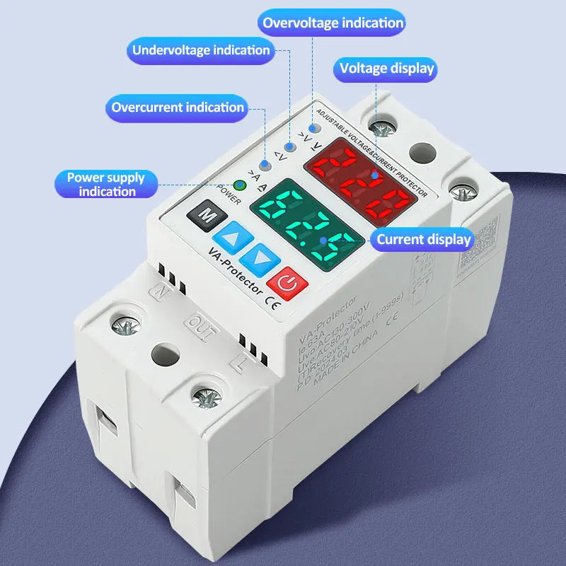 40A/63A 220V Din Rail Dual Display Adjustable Over Voltage Current and Under Voltage Protective Device Protector Relay
