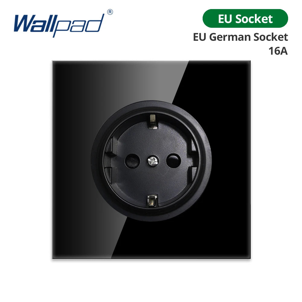 Wallpad Black Glass Panel With Large Circle Blue LED Indicator Wall Light Switch and Socket Round Button Electric Outlet