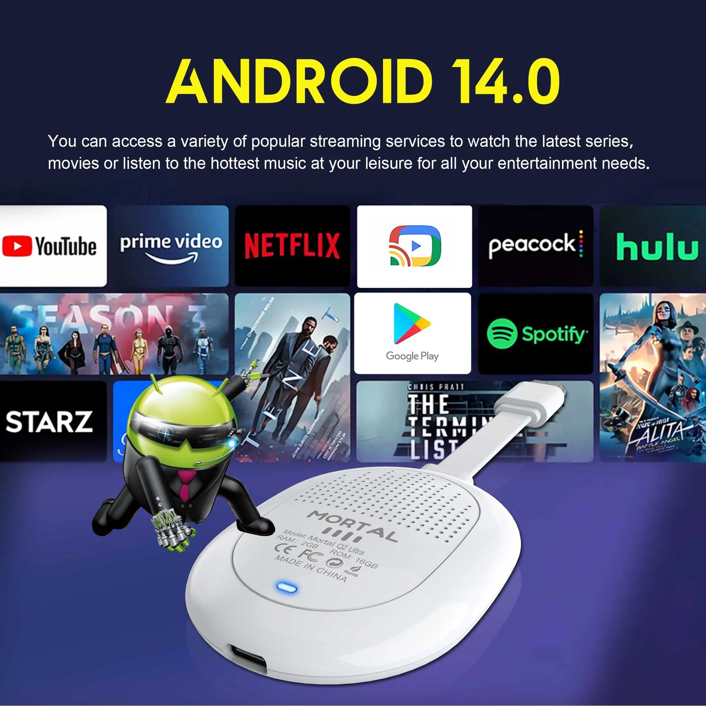 New Mortal Android 14.0 BT5.X 4k Smart TV Stick Q2 Ultra Allwinner H313 2GB RAM 16GB ROM Q2 Ultra TV Stick Dual Wifi 6 TV Dongle