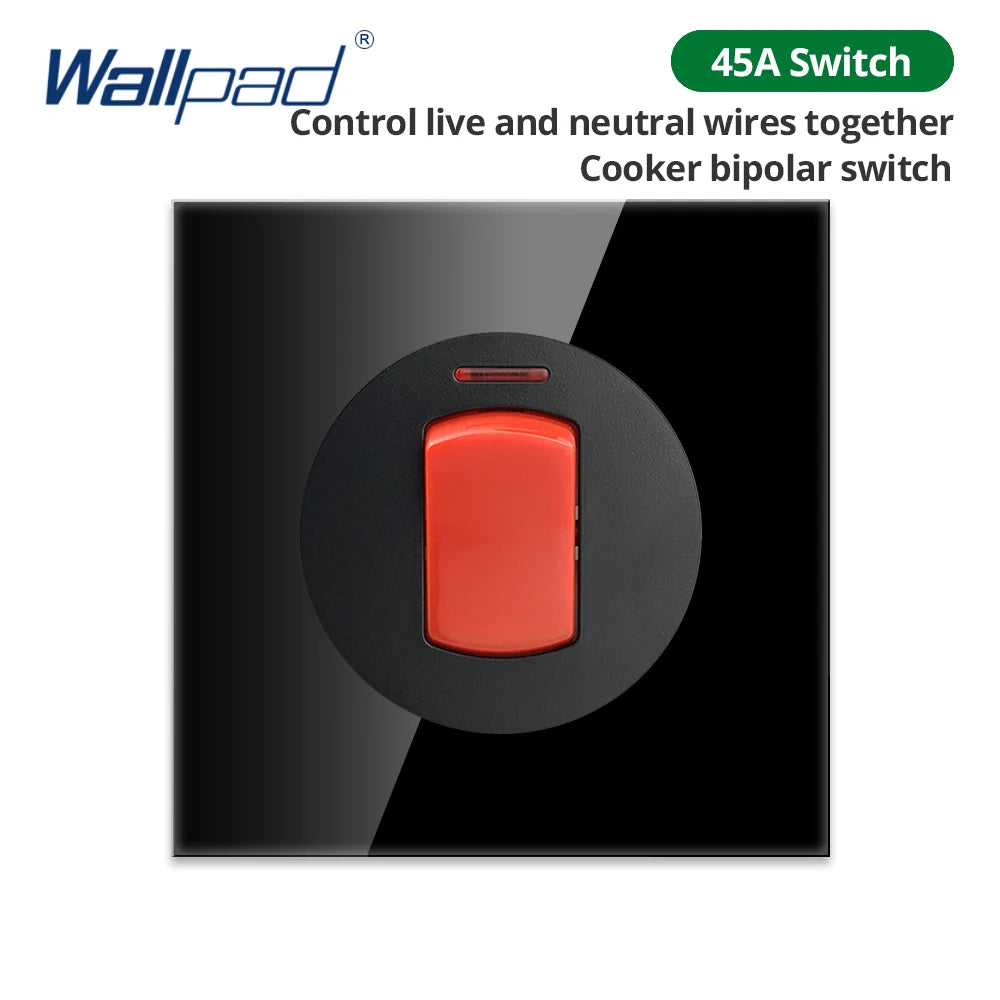 Wallpad Black Glass Panel With Large Circle Blue LED Indicator Wall Light Switch and Socket Round Button Electric Outlet