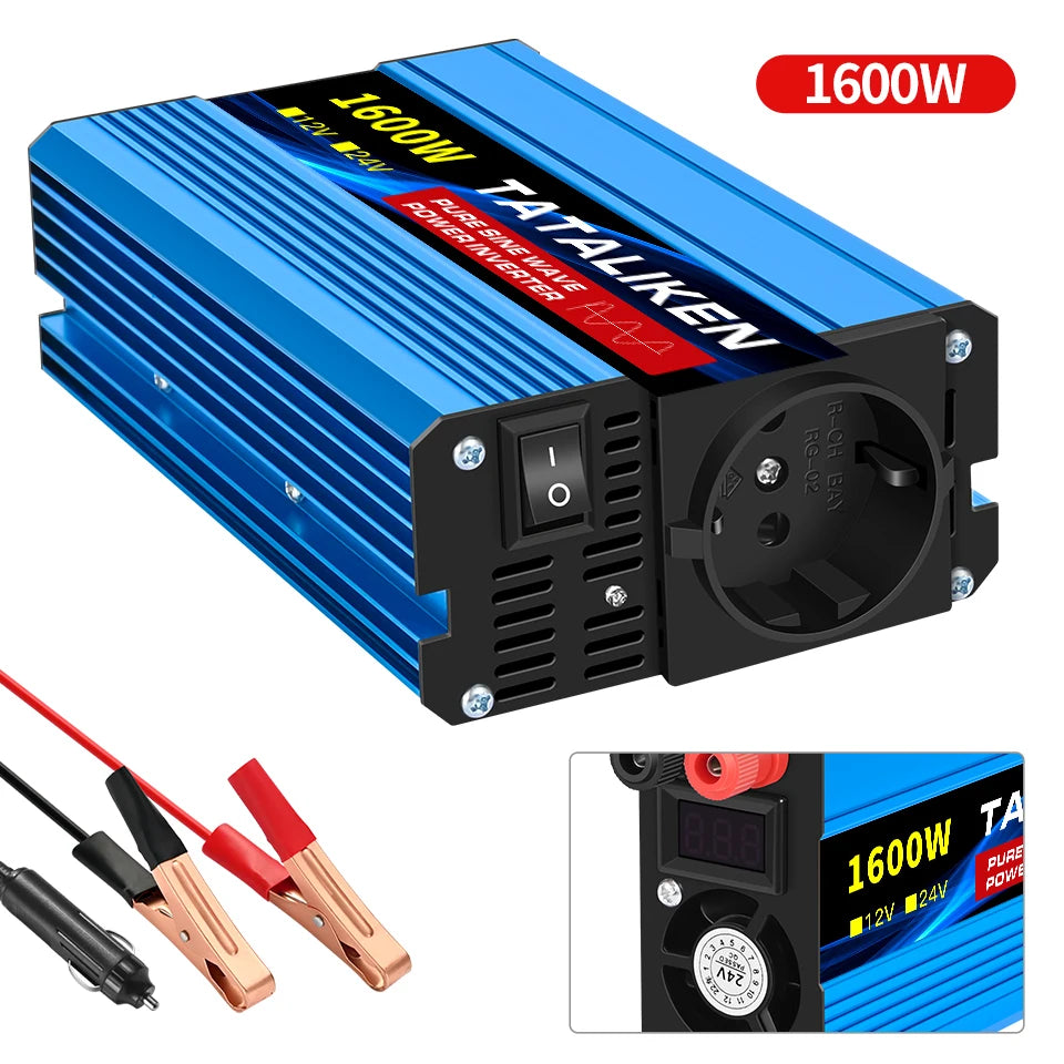 3000W Pure Sine Wave Power Inverter 12V to 230V 240V Car Converter Adapter with EU Outlets and Cooling Fan
