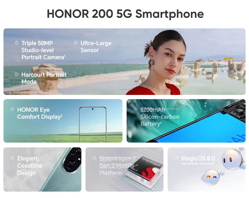 2024 Original HONOR 200 Global Version Snapdragon 7 Gen 3 5G Smartphone 6.7'' AMOLED Display Support HONOR 100W SuperCharge NFC