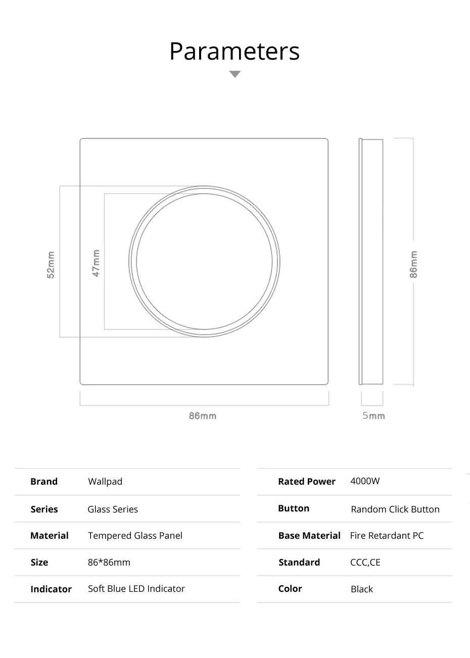 Wallpad Black Glass Panel With Large Circle Blue LED Indicator Wall Light Switch and Socket Round Button Electric Outlet