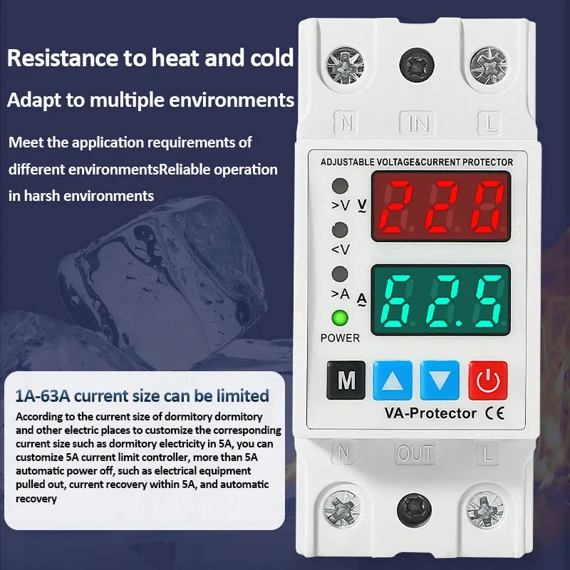 40A/63A 220V Din Rail Dual Display Adjustable Over Voltage Current and Under Voltage Protective Device Protector Relay