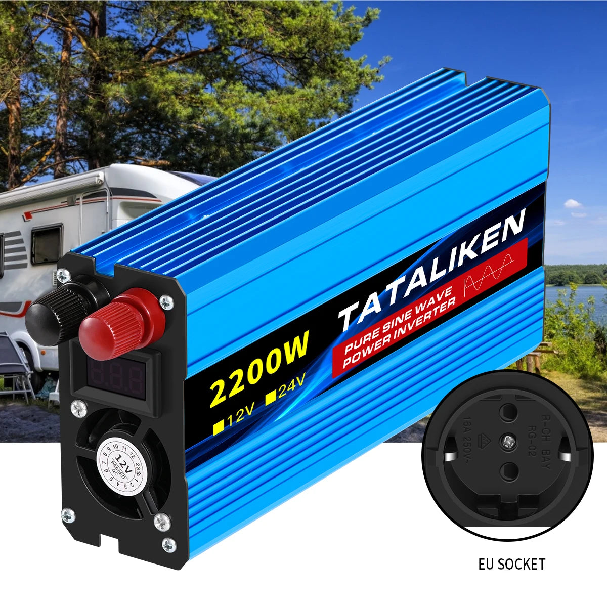 3000W Pure Sine Wave Power Inverter 12V to 230V 240V Car Converter Adapter with EU Outlets and Cooling Fan