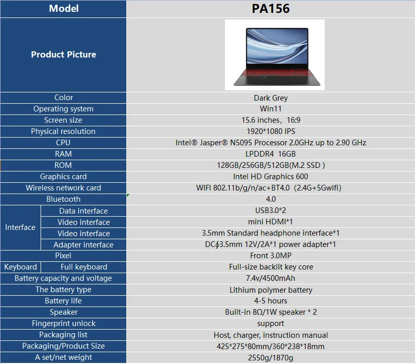 15.6" PA156 Laptop Computer Win11 Intel N5095 16G 128G/256G/512G Notebook Netbook Backlit Keyboard WIFI HD BT4.0 USB3.0 3.0MP