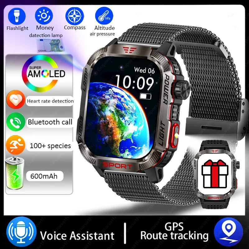 New Military Sports Smartwatch Men Flashlight Compass Altitude Pressure Fitness Waterproof Bluetooth Talk Check Bill Smartwatch