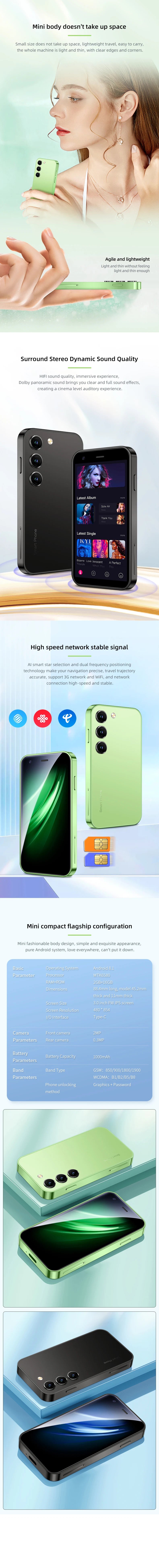 SOYES S26 S23 Pro Series 3.0in Android8.1 Mini Smartphone 2GB RAM 16GB ROM Dual SIM Standby 3G Network Compact Mobile Phone