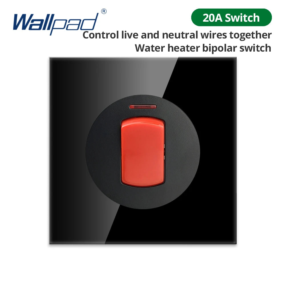 Wallpad Black Glass Panel With Large Circle Blue LED Indicator Wall Light Switch and Socket Round Button Electric Outlet