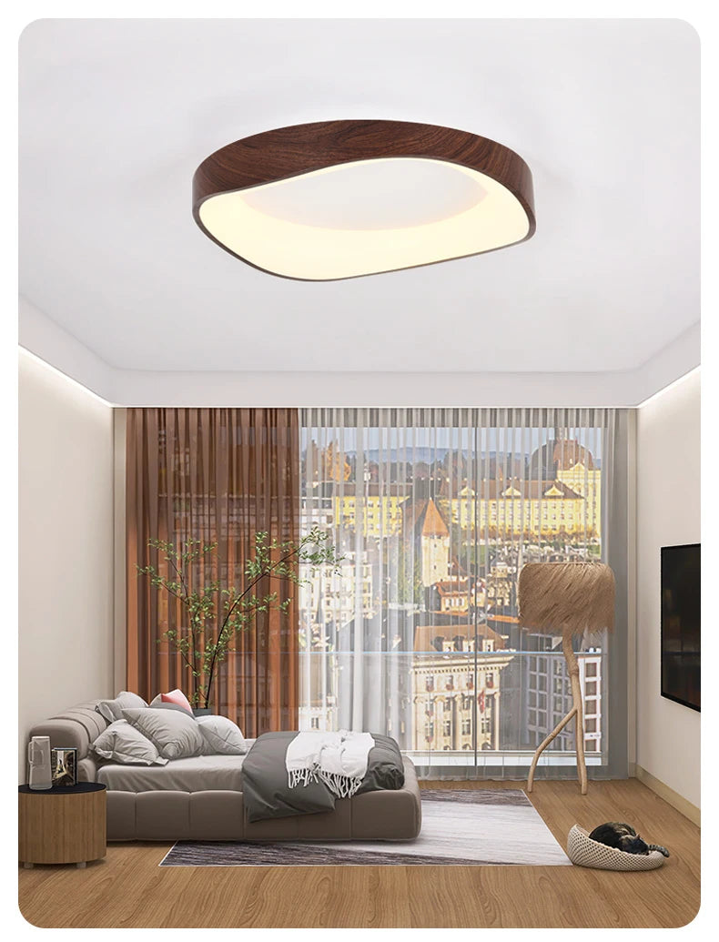 Nordic Wood Ceiling Light Round Log Walnut Remote Home Fixture LED For Study Living Room Hallway Bedroom Decoration Illumination