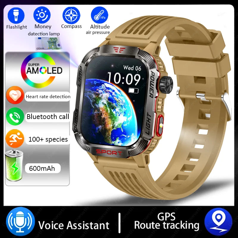New Military Sports Smartwatch Men Flashlight Compass Altitude Pressure Fitness Waterproof Bluetooth Talk Check Bill Smartwatch