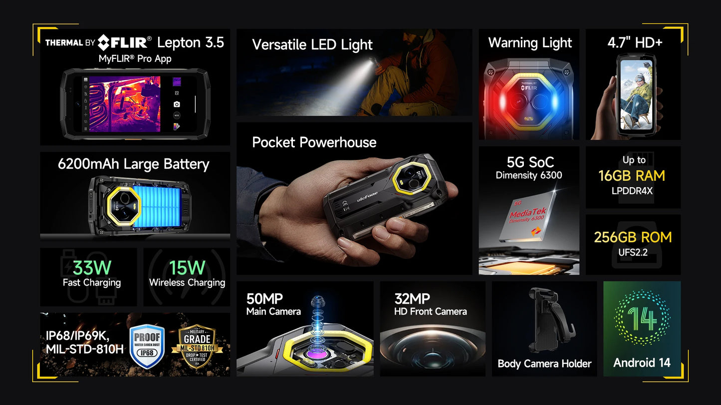 Ulefone Armor Mini 20T Pro 5G Rugged Thermal lmaging By FLIR® 16GB+256GB 4.7" Display LED Light Android 14 6200mAh 33W Global