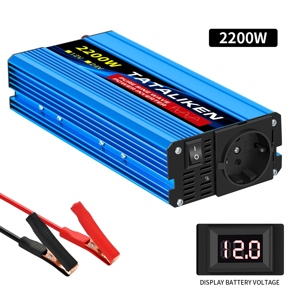 3000W Pure Sine Wave Power Inverter 12V to 230V 240V Car Converter Adapter with EU Outlets and Cooling Fan