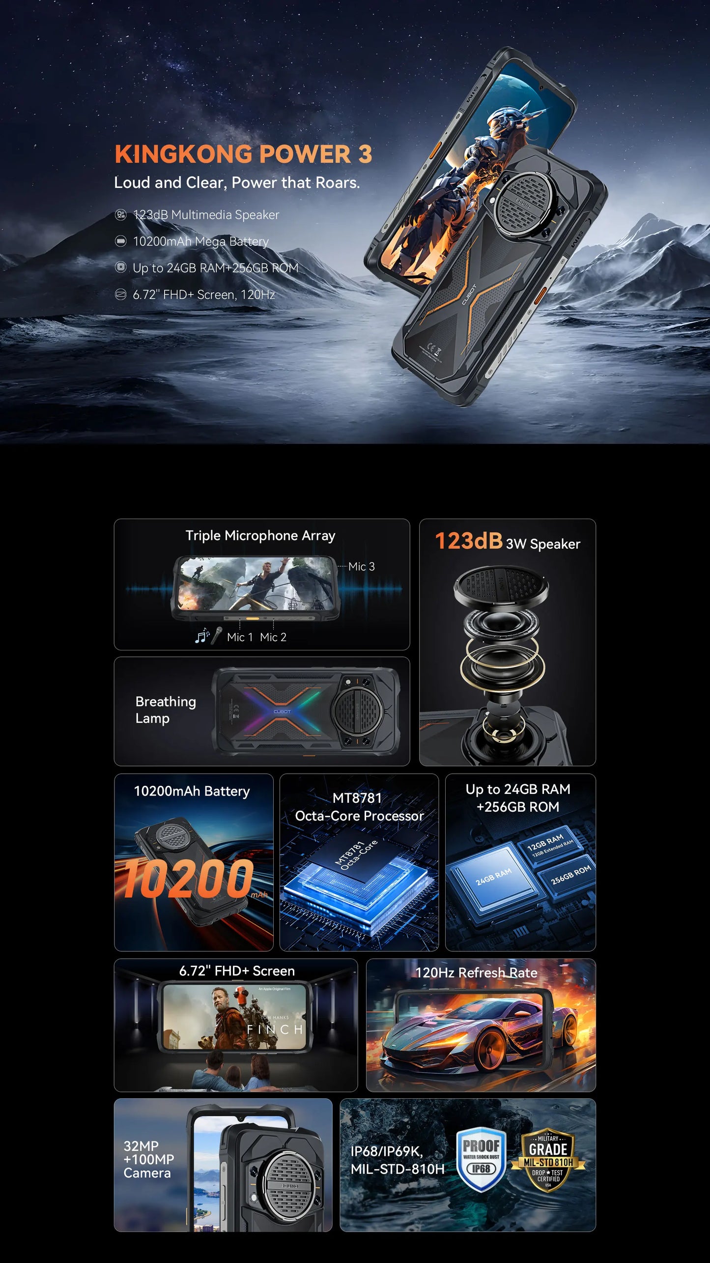 Cubot KingKong Power 3,24 Гб+256 Гб,4G Rugged,10200 мАч,120Hz Screen,100MP Camera,NFC,Android 14,33W глобальная версия