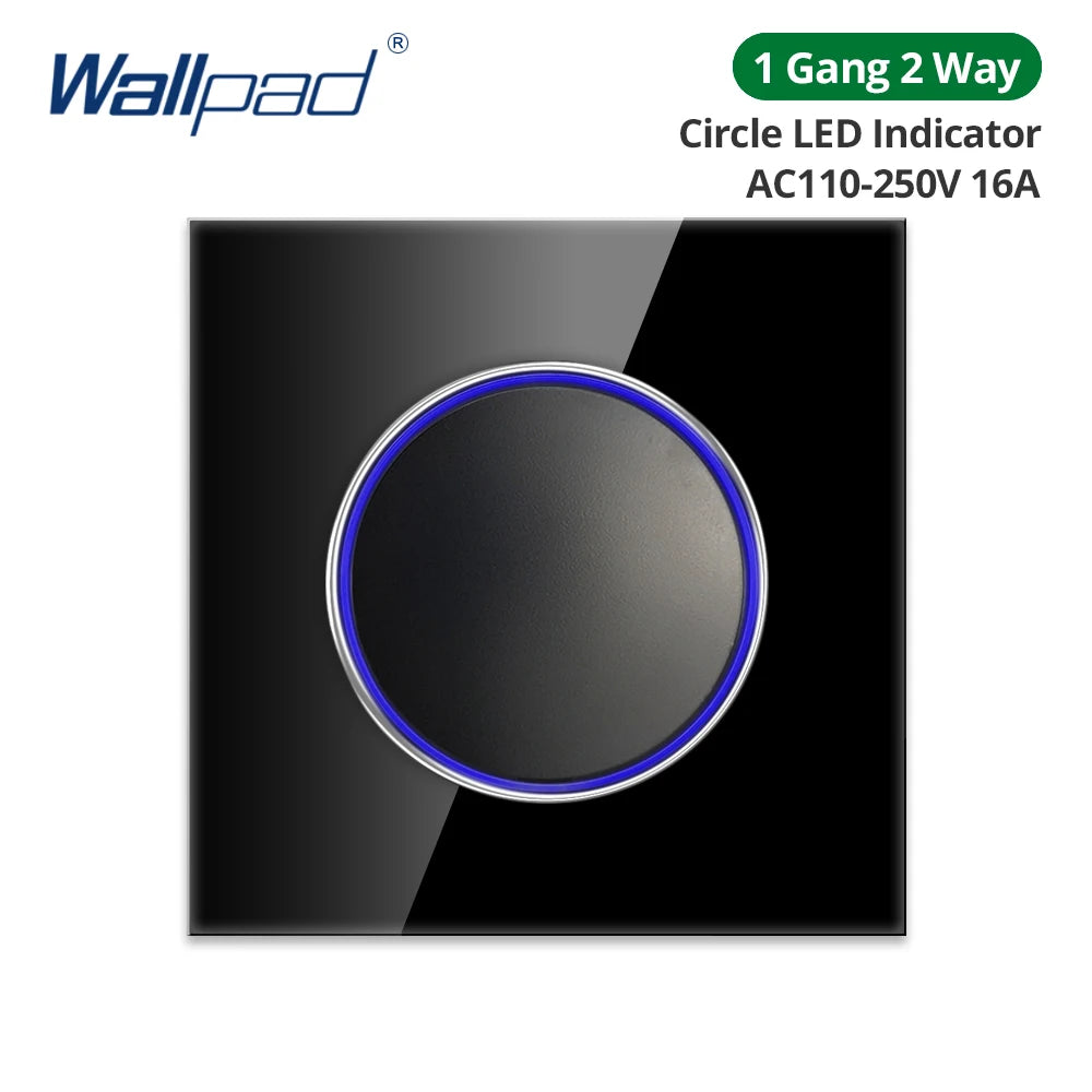 Wallpad Black Glass Panel With Large Circle Blue LED Indicator Wall Light Switch and Socket Round Button Electric Outlet