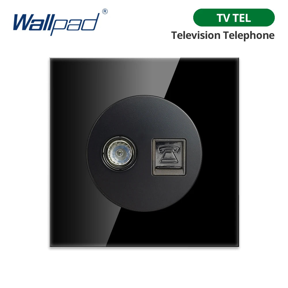 Wallpad Black Glass Panel With Large Circle Blue LED Indicator Wall Light Switch and Socket Round Button Electric Outlet
