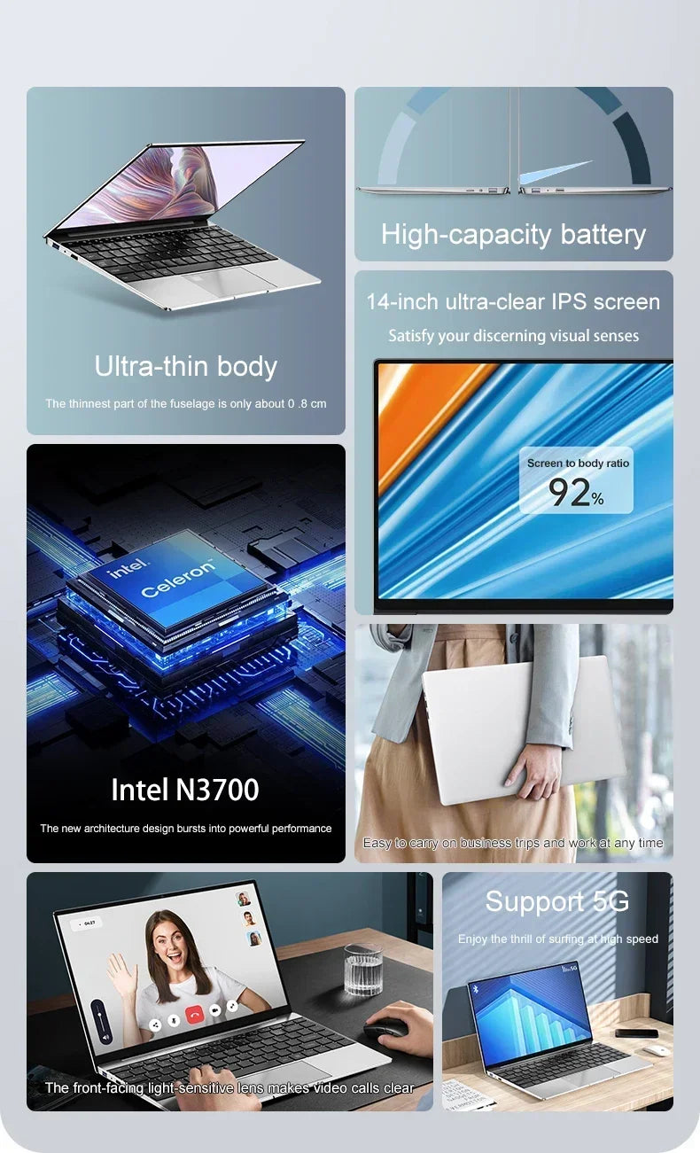 14.1" Ultra Slim Laptop 16GB RAM 2TB SSD Intel N3700 Notebook Gamer 1920*1080 Display Office Study Computer PC Windows 11 Pro