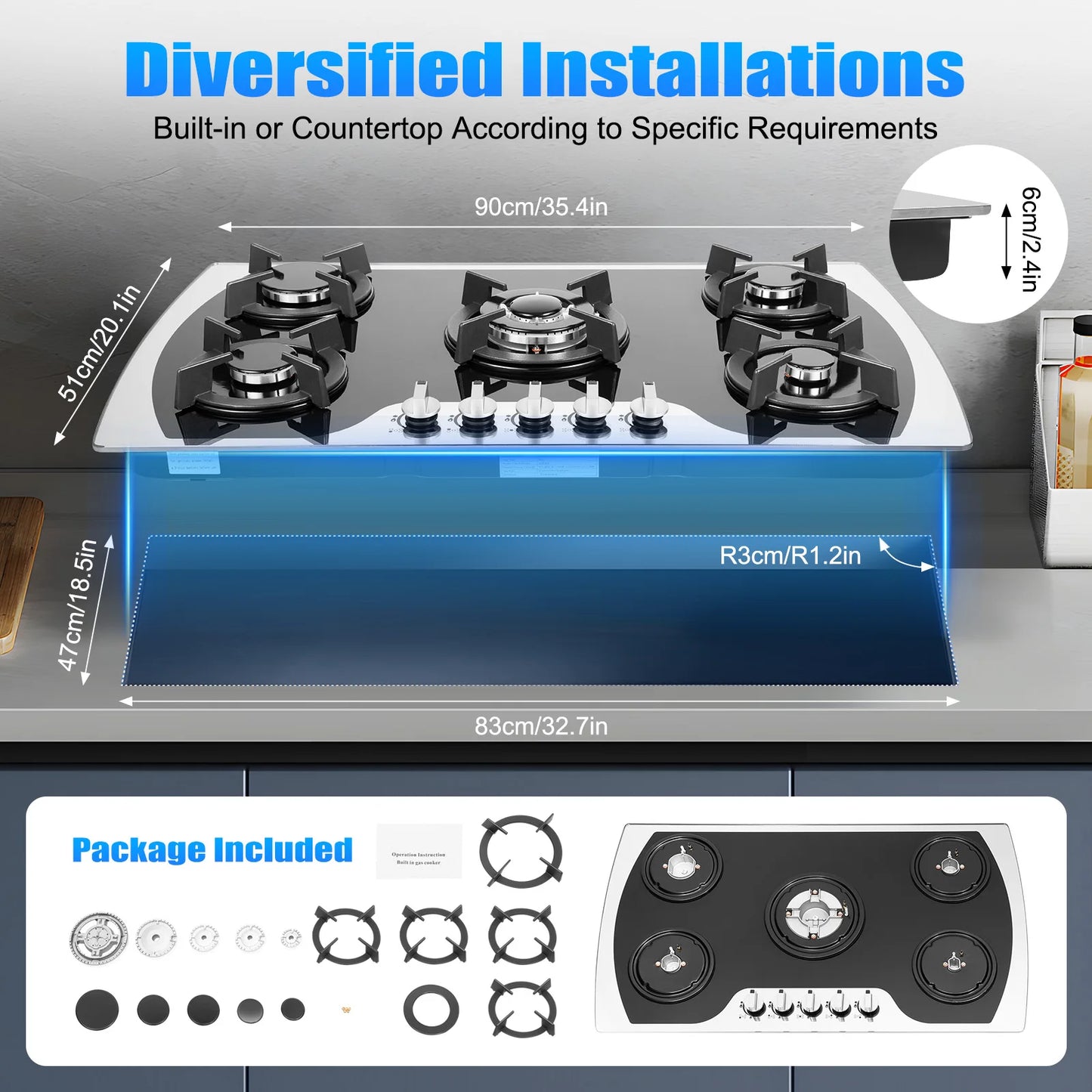 35.4*20.1*2.4 Inch Kitchen Built-in Countertop Gas Cooktop with 5 Burners Tempered Glass Panel Easy to Clean Quick Start