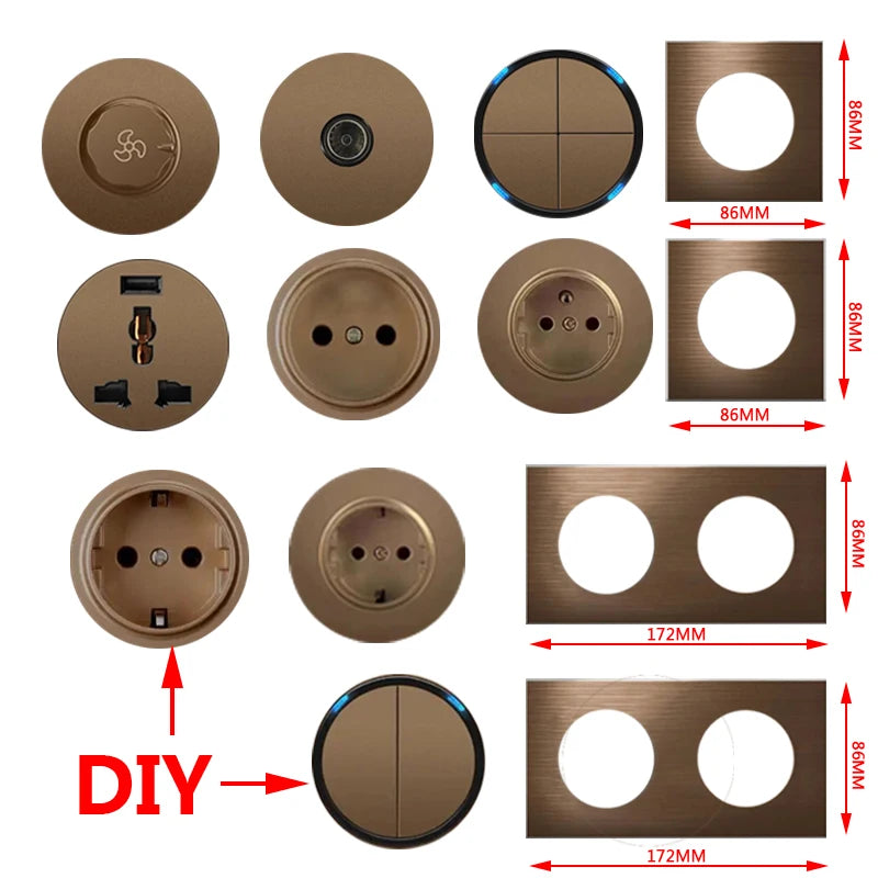 High quality coffee color universal Retro Eu FR 220V wall light switch,Reset button switch electrical socket with LED indicator