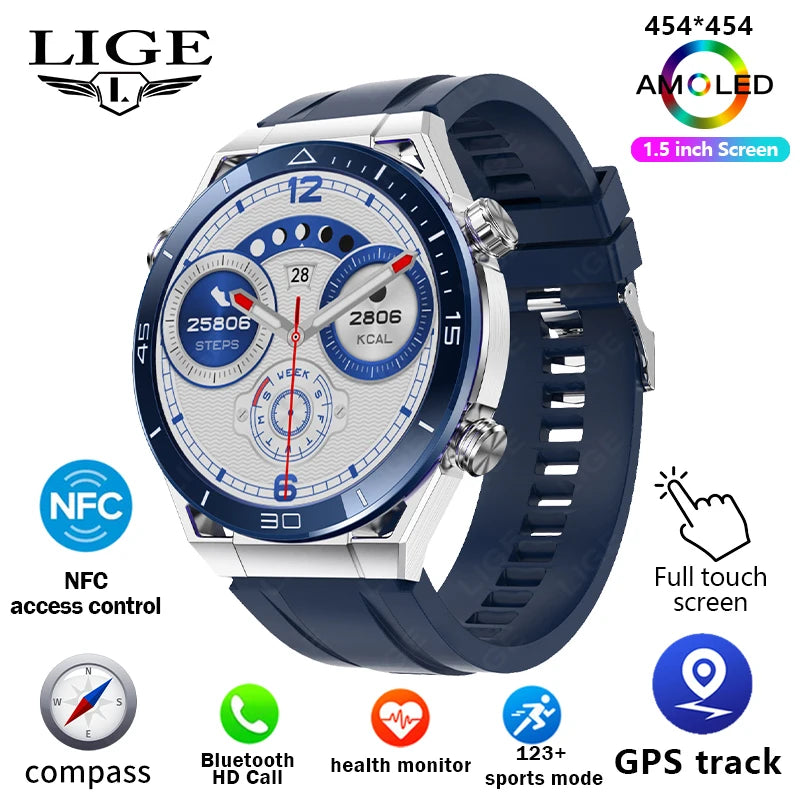 LIGE GPS Smart Watch Men 454*454 HD resolution Voice Calling NFC Watches Compass IP68 Waterproof ECG+PPG Smartwatch For Huawei
