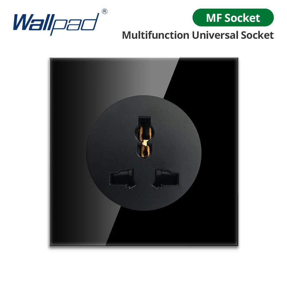 Wallpad Black Glass Panel With Large Circle Blue LED Indicator Wall Light Switch and Socket Round Button Electric Outlet