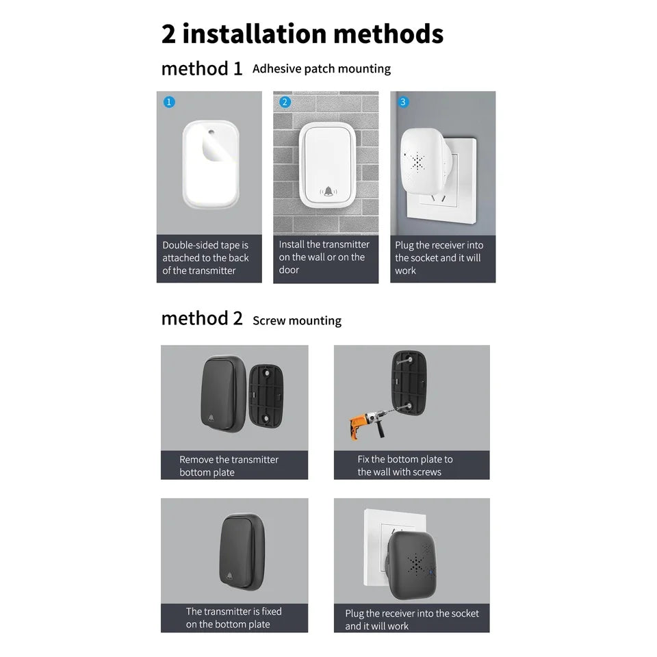 Lunzo No Battery Self Powered Wireless Doorbell US/UK/EU Plug 38 Ringtones Outdoor Waterproof 150m Range Kinetic Door Bell
