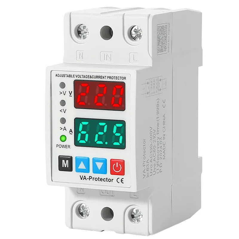 40A/63A 220V Din Rail Dual Display Adjustable Over Voltage Current and Under Voltage Protective Device Protector Relay