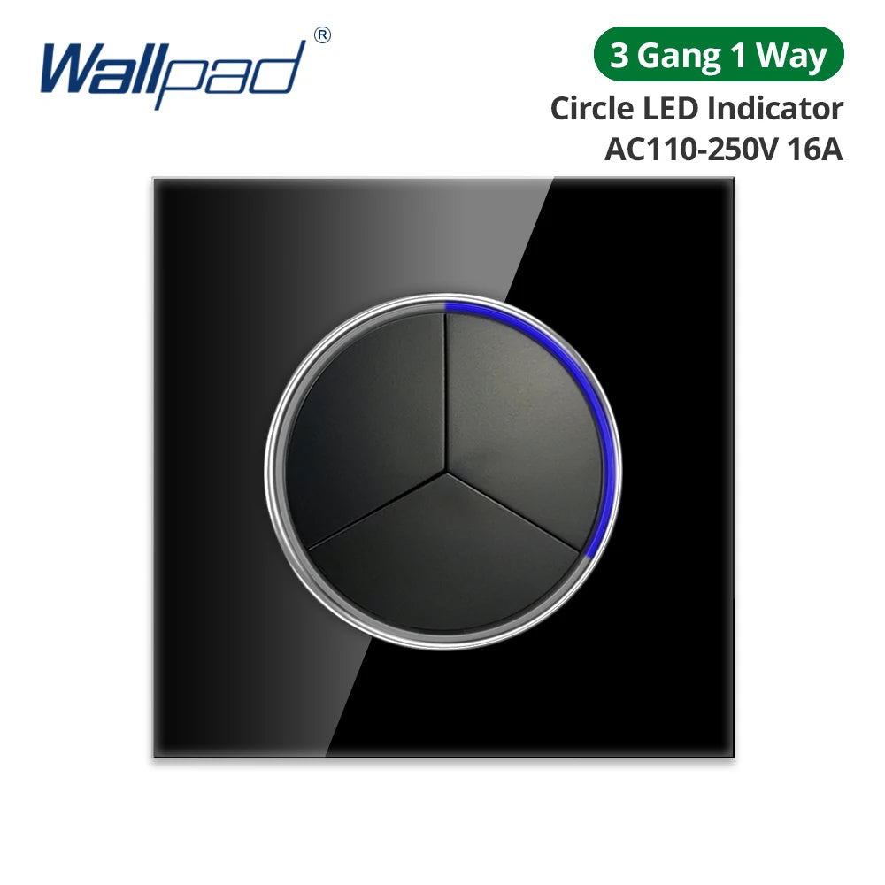Wallpad Black Glass Panel With Large Circle Blue LED Indicator Wall Light Switch and Socket Round Button Electric Outlet
