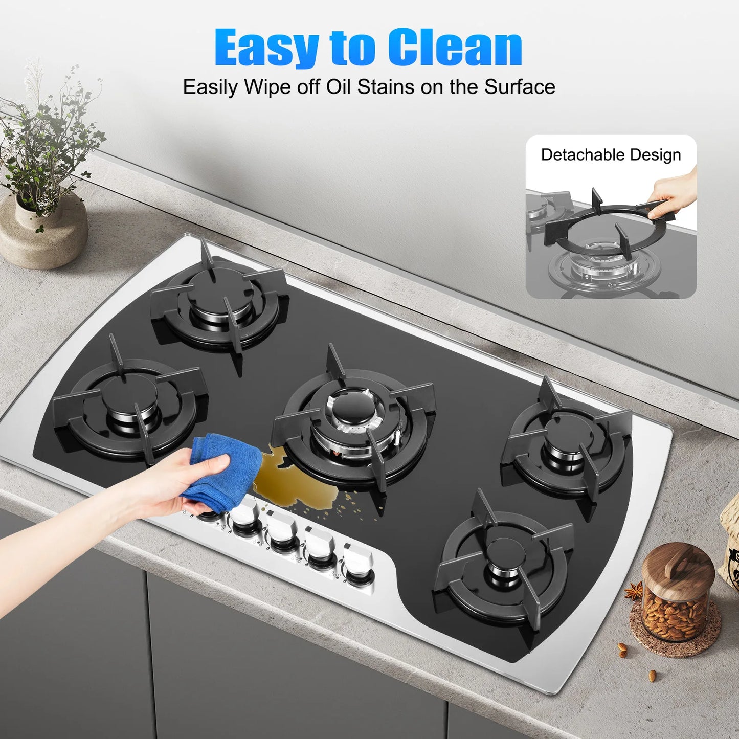 35.4*20.1*2.4 Inch Kitchen Built-in Countertop Gas Cooktop with 5 Burners Tempered Glass Panel Easy to Clean Quick Start