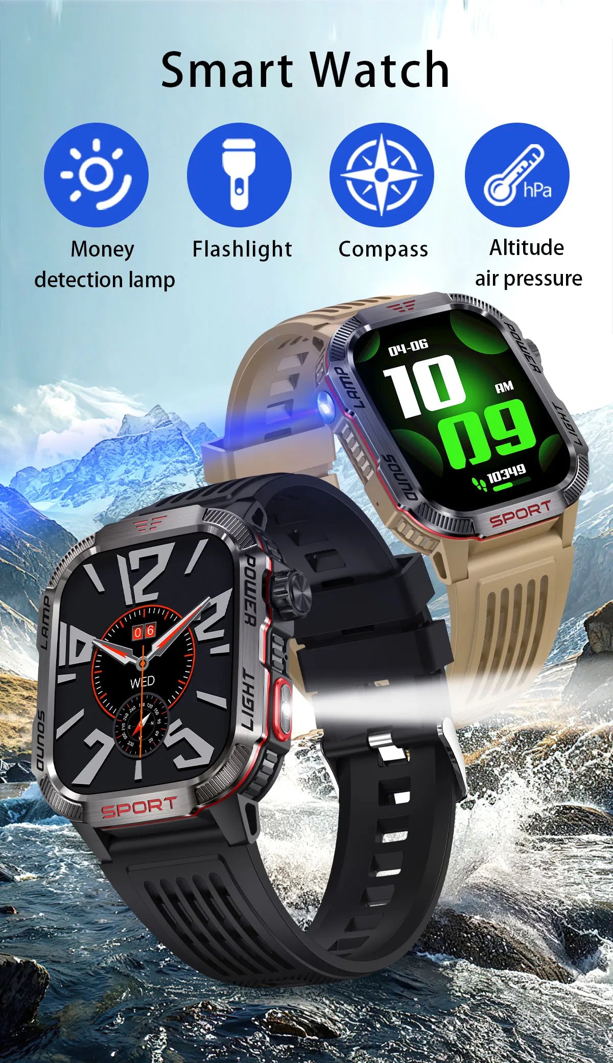 New Military Sports Smartwatch Men Flashlight Compass Altitude Pressure Fitness Waterproof Bluetooth Talk Check Bill Smartwatch