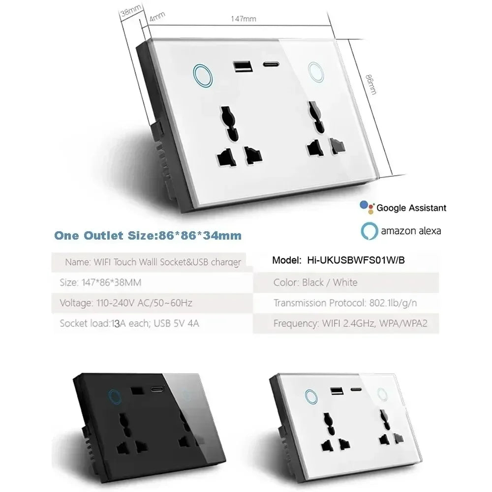 Shawader Tuya Wifi Smart USB Type-C PD 20W Wall Socket Universal Electrical Plug Outlet Power Switch Wireless,Alexa Google Home