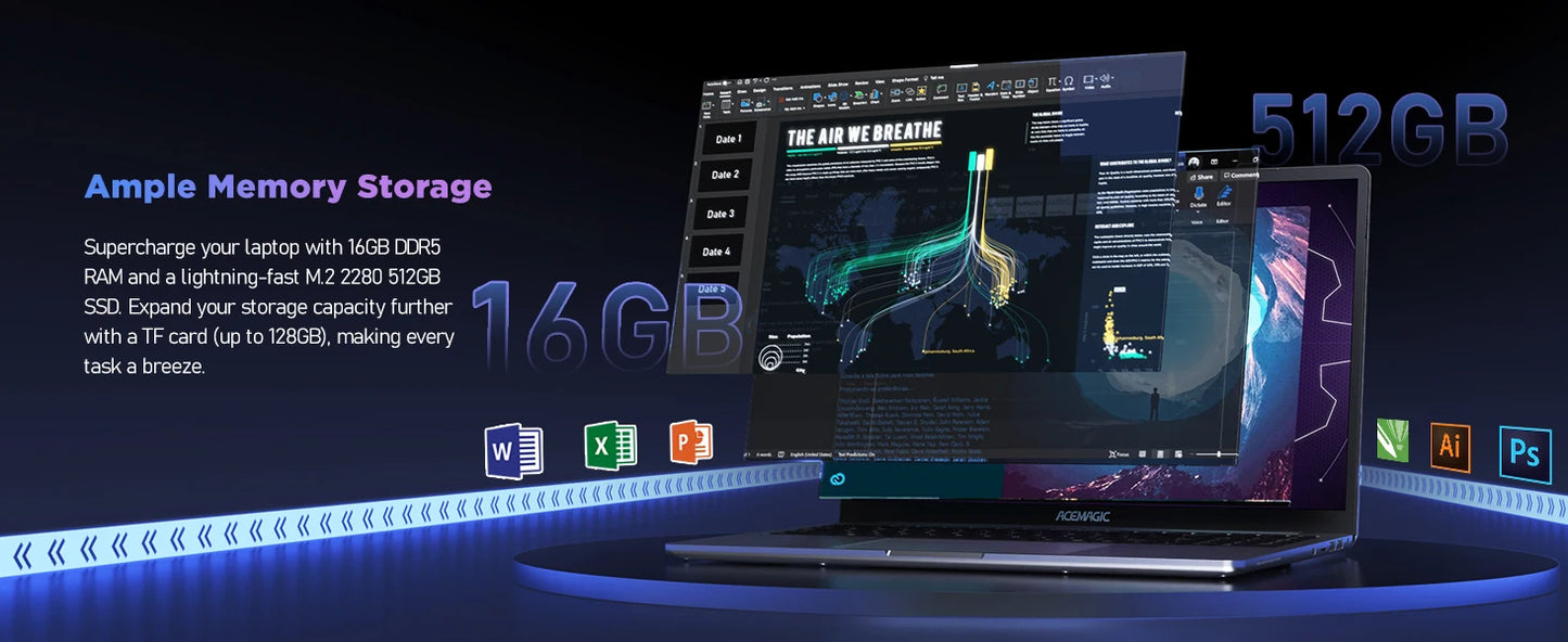 ACEMAGIC 16" Ultra Slim Laptop 16GB RAM 512GB SSD Intel N97 Notebook Gamer 1920*1080 Display Office Study Computer PC Windows 11
