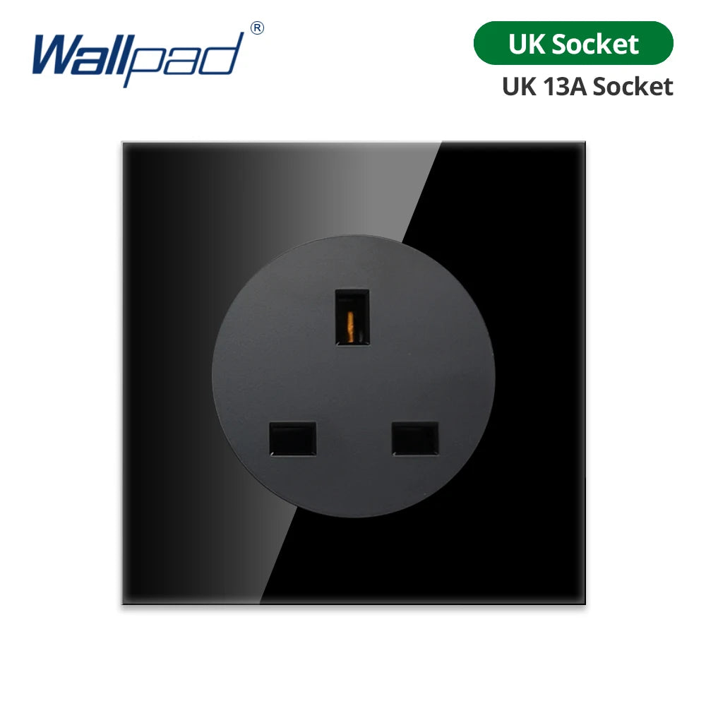 Wallpad Black Glass Panel With Large Circle Blue LED Indicator Wall Light Switch and Socket Round Button Electric Outlet