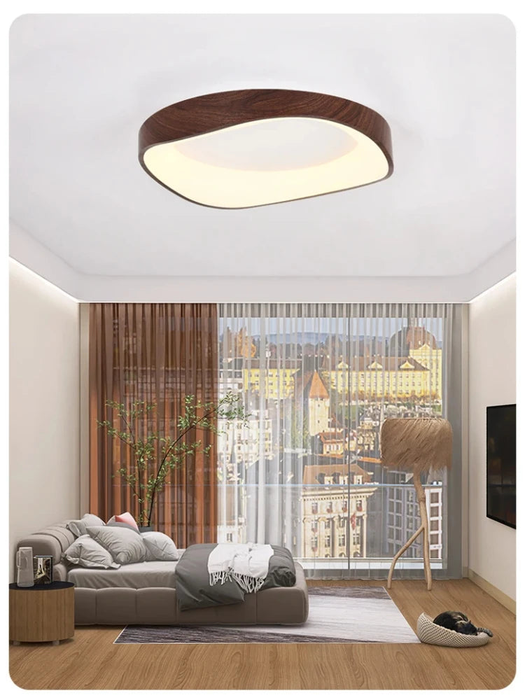 Nordic Wood Ceiling Light Round Log Walnut Remote Home Fixture LED For Study Living Room Hallway Bedroom Decoration Illumination