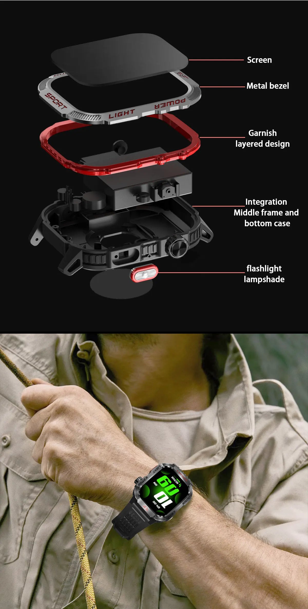 New Military Sports Smartwatch Men Flashlight Compass Altitude Pressure Fitness Waterproof Bluetooth Talk Check Bill Smartwatch