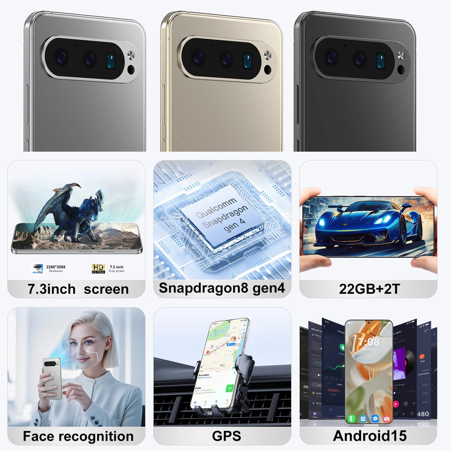 2025 Pixel 9 Pro XL Smartphone 7.3 FHD + 108MP 22GB + 2TB Snapdragon 8 Gen4 8800mAh 5G Dual SIM, Android 15 Expandable Memory