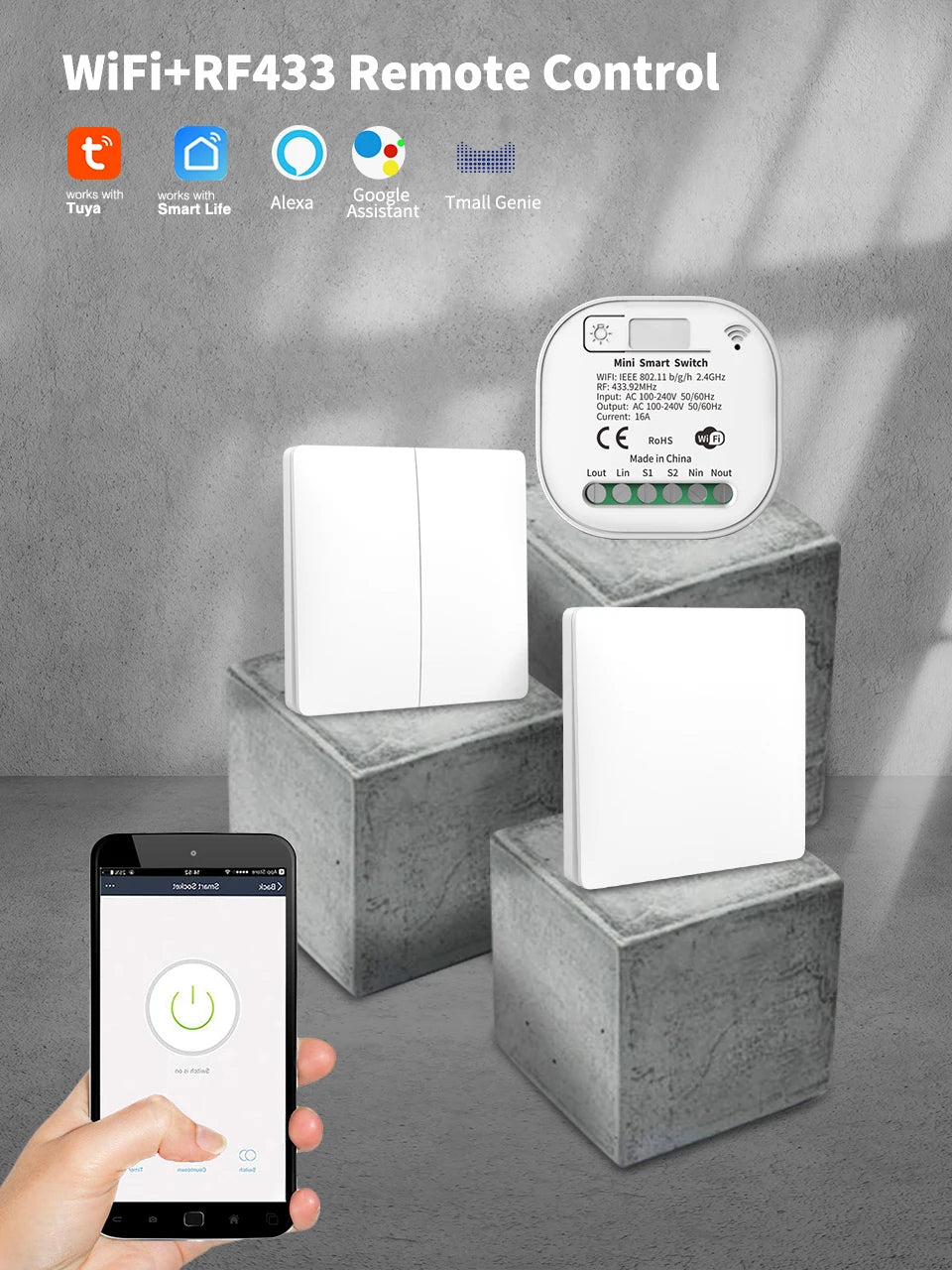 Tuya Smart Switch No Battery Required Push Button Panel Light Switches WiFi Wireless Remote Timing Relay Aleax Wall Switch