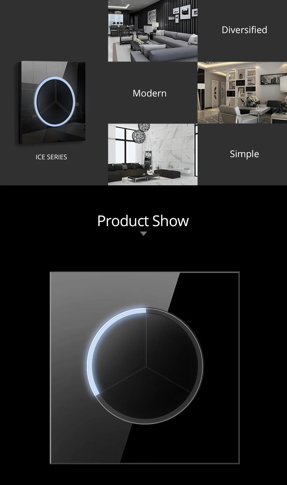 Wallpad Black Glass Panel With Large Circle Blue LED Indicator Wall Light Switch and Socket Round Button Electric Outlet