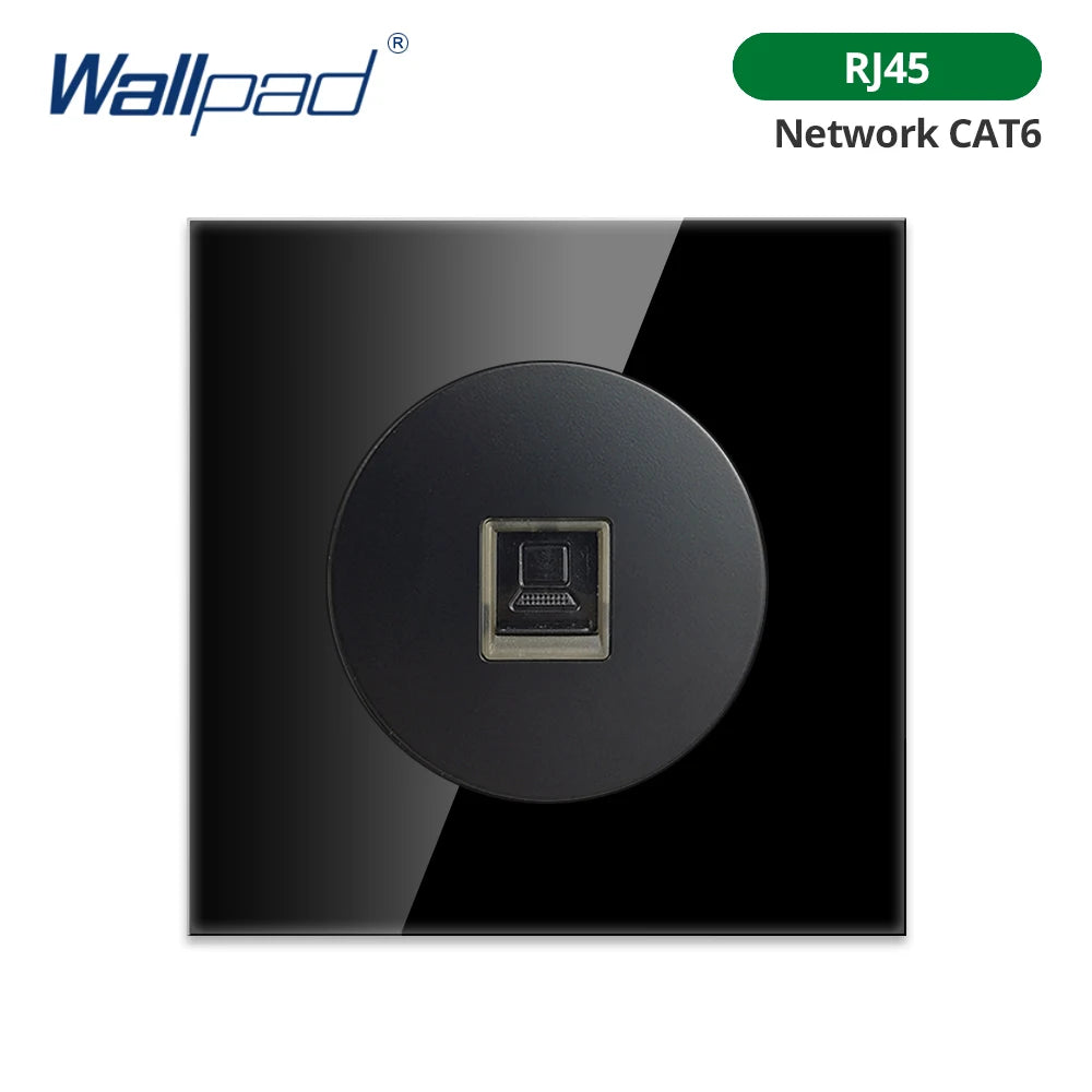 Wallpad Black Glass Panel With Large Circle Blue LED Indicator Wall Light Switch and Socket Round Button Electric Outlet