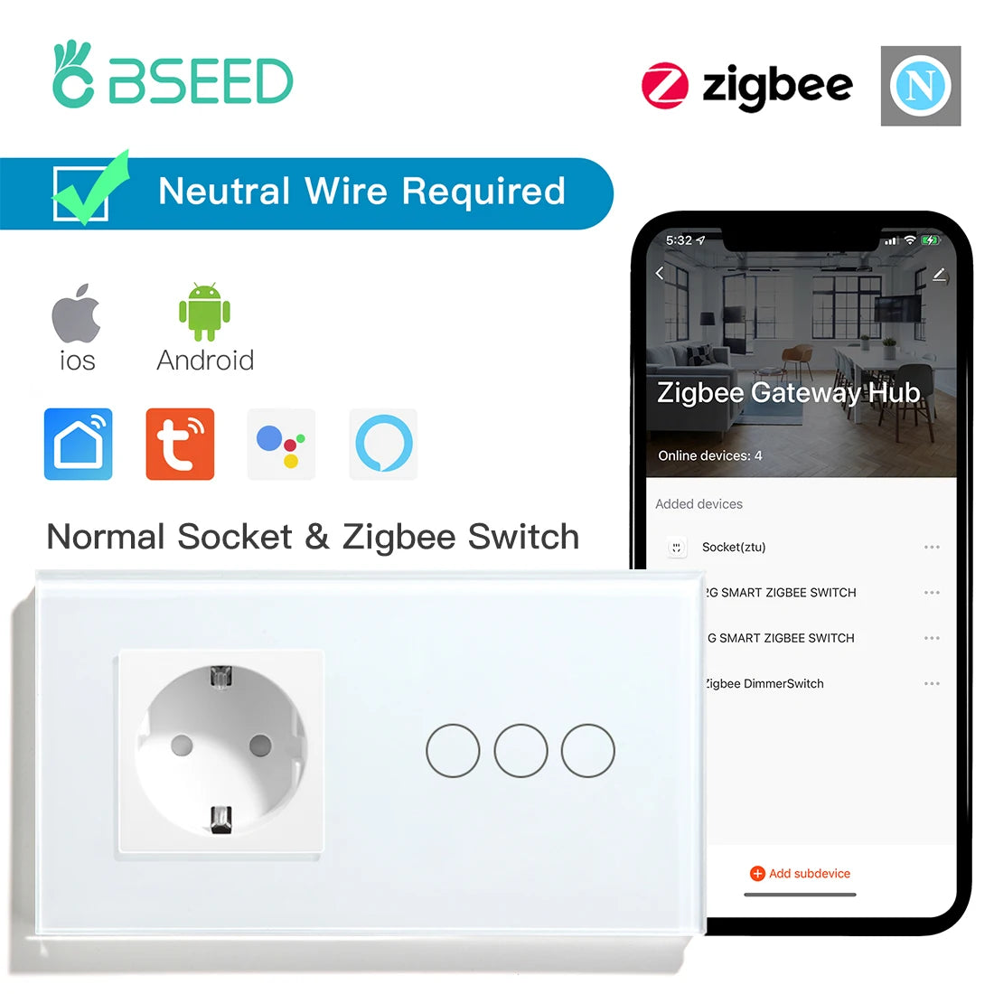 BSEED Zigbee 1/2/3Gang Touch Light Switches 1/2/3Way Tuya Smart Life Alice App Control Plus Normal EU Sockets Neutral Required