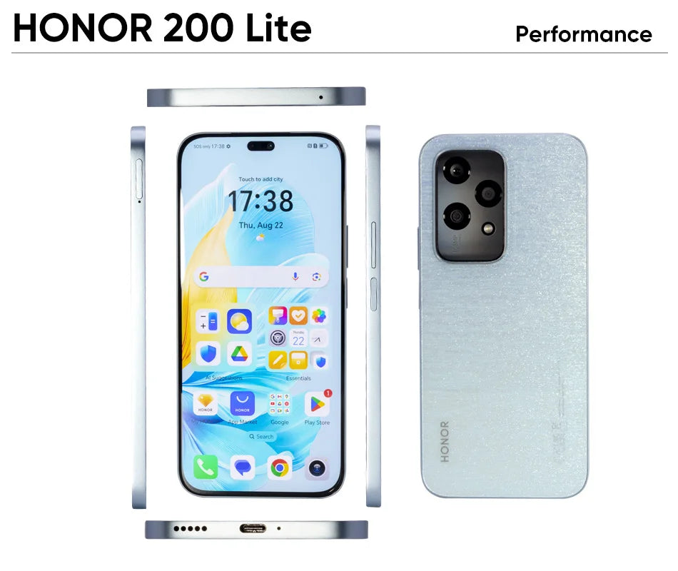 2024 Global Version HONOR 200 Lite 256GB ROM 5G Smartphone Mediatek Dimensity 6080 6.7'' 90Hz AMOLED Display 108MP Main Camera