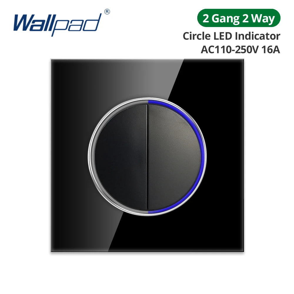 Wallpad Black Glass Panel With Large Circle Blue LED Indicator Wall Light Switch and Socket Round Button Electric Outlet