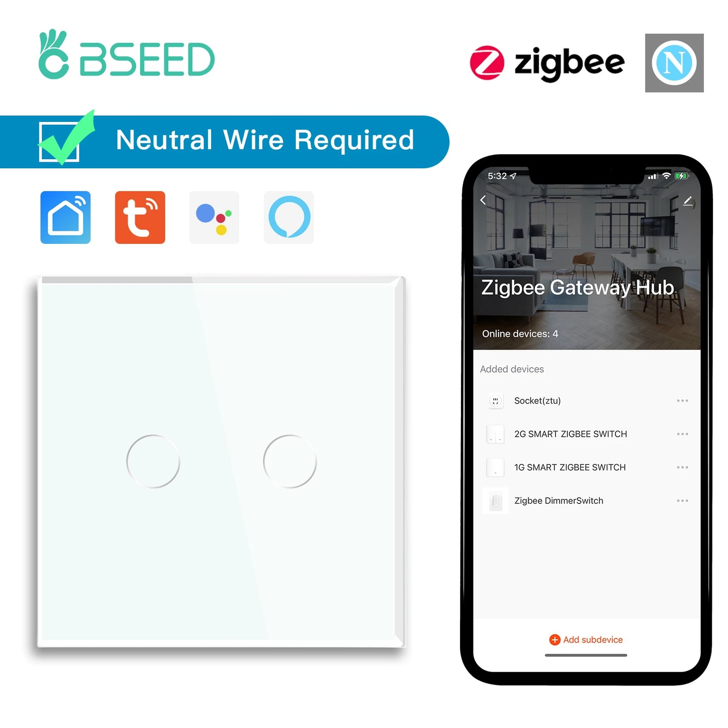 BSEED Zigbee 1/2/3Gang Touch Light Switches 1/2/3Way Tuya Smart Life Alice App Control Plus Normal EU Sockets Neutral Required