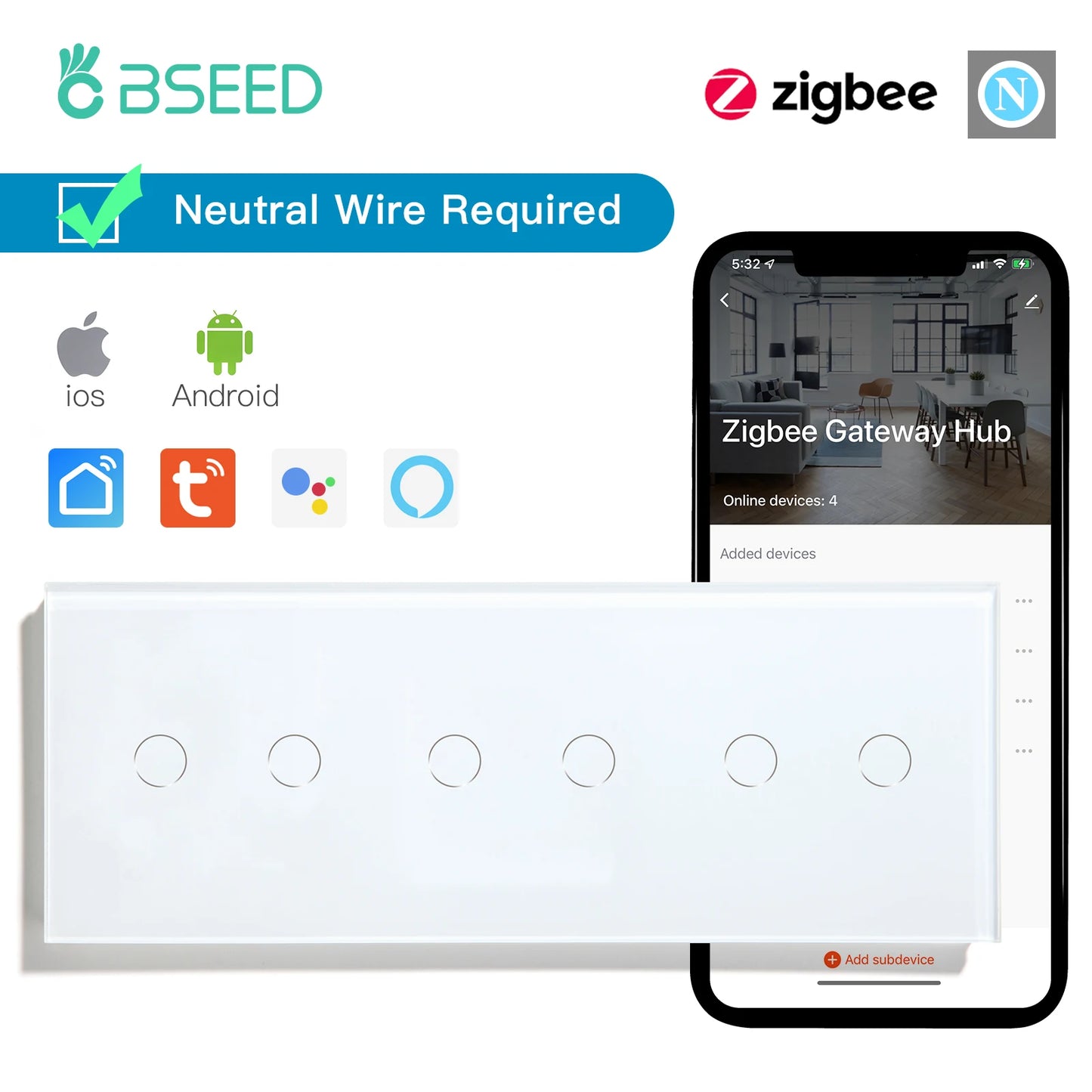 BSEED Zigbee 1/2/3Gang Touch Light Switches 1/2/3Way Tuya Smart Life Alice App Control Plus Normal EU Sockets Neutral Required